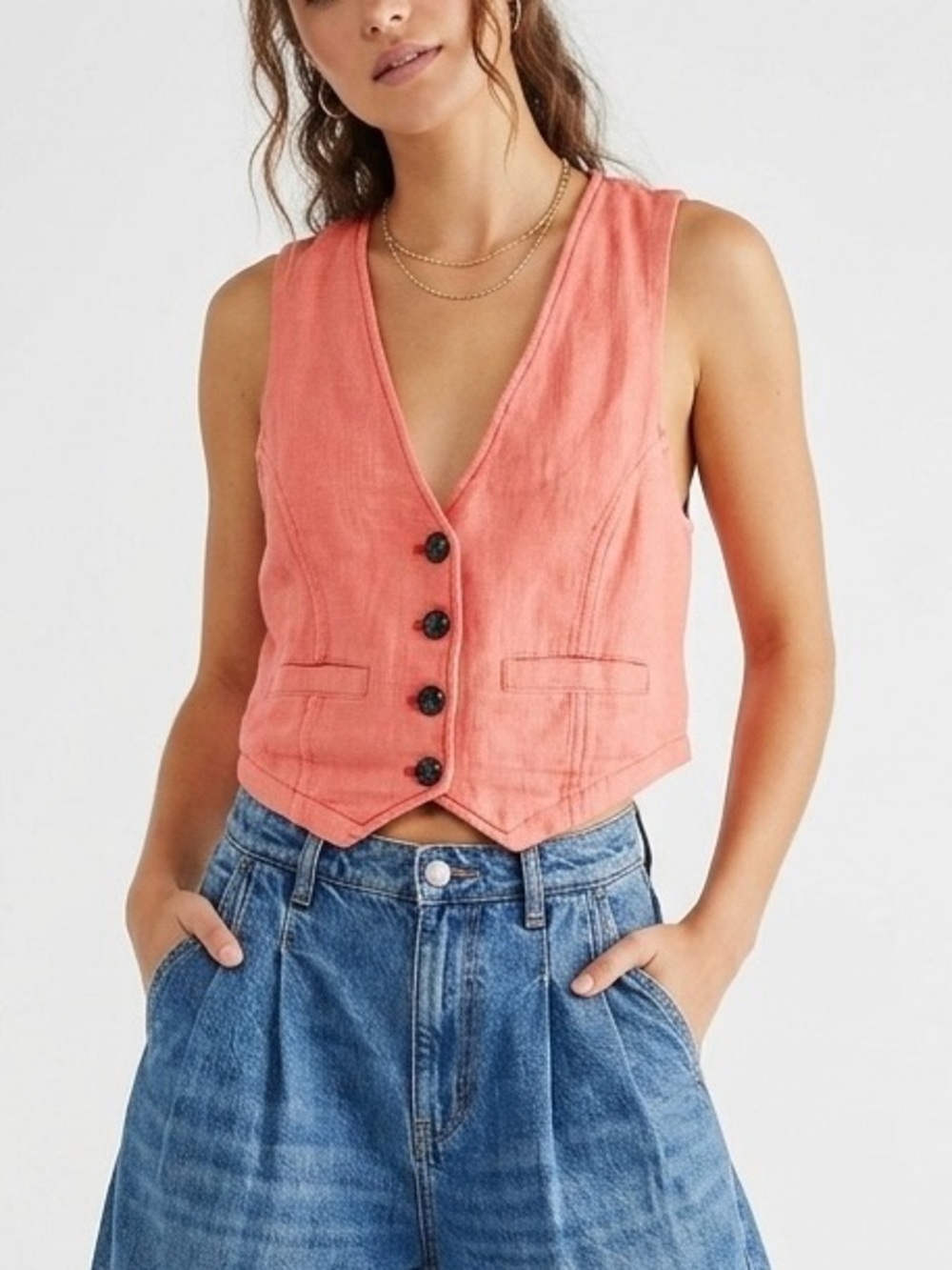 We The Free Charley Linen Vest Watermelon XS New Resortwear Elevated Casual